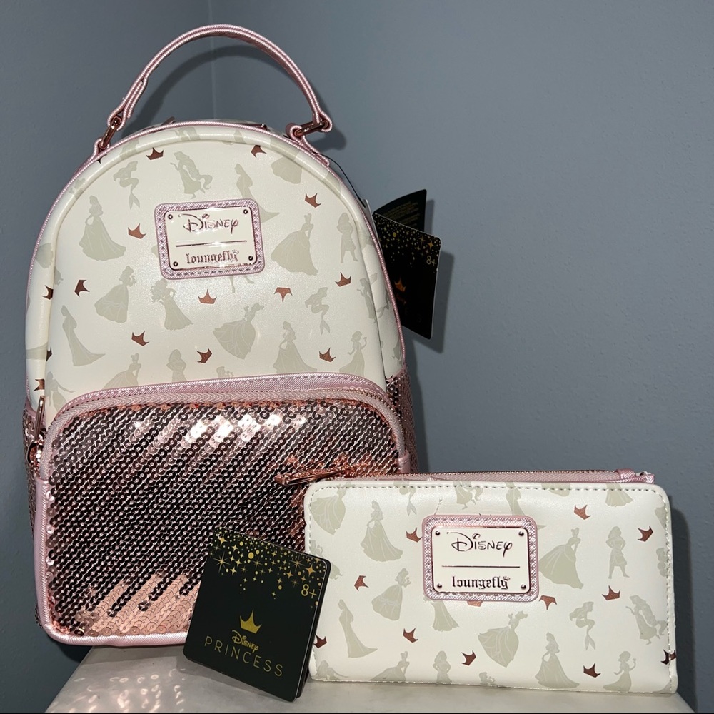 Loungefly Ultimate Princess Sequin Backpack & Wallet Set, Brand New